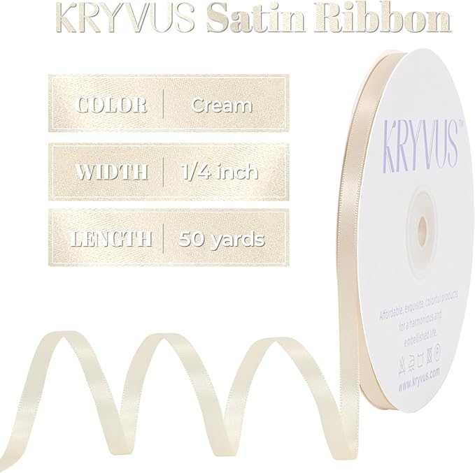 Cream Satin Ribbon, Double Faced 1/4 Inch X 50 Yards Cream Ribbon, Premium Satin Ribbon for Gift Wrapping, Crafts, Hair Bow Making, Sewing, Flower Bouquet, Wedding Party Decor