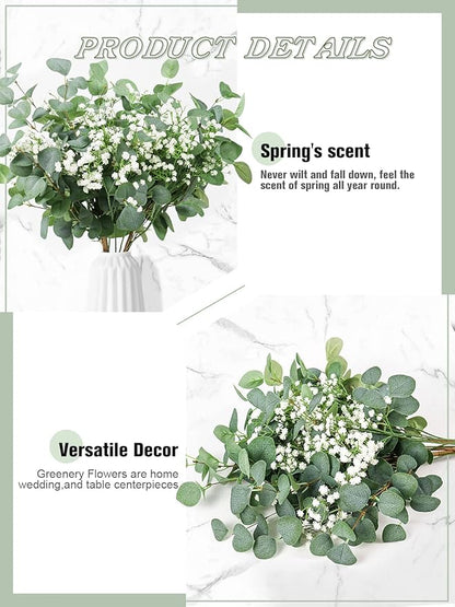 Beferr 5pcs Eucalyptus Stems & 6pcs Babys Breath Artificial Flowers Faux Greenery Bouquets for Wedding Table Centerpiece Home Decor