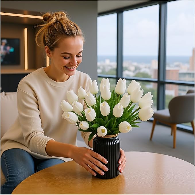 18pcs Artificial Tulips 13" PU Artificial Flowers for Family Friends Gifts DIY Flower Arrangement Home Kitchen Office Party Wedding Dining Table Decoration, White