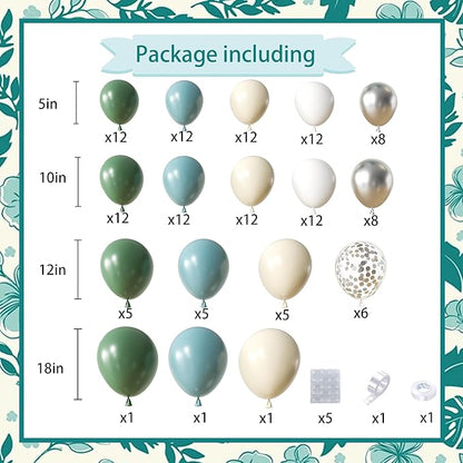 Retro Bean Green Balloon Arch Kit, 145Pcs Dusty Blue White Pastel Beige Sliver Confetti Balloons for Baby Bridal Shower Wedding Engagement Birthday Party Decorations