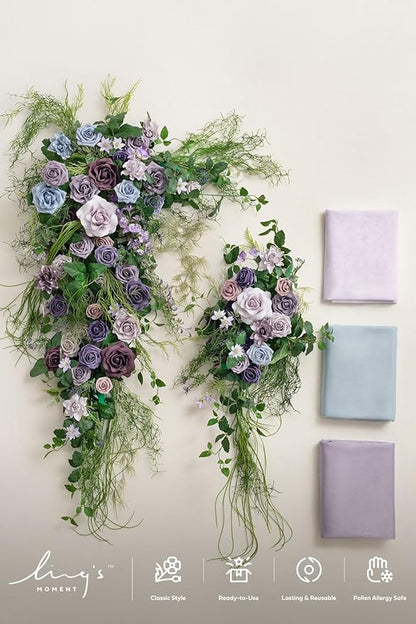 Ling's moment Deluxe Wedding Arch Flowers with Sheer Drapes Kit - Artificial Pruple and Sage Floral Arrangements for Ceremony Backdrop, Arbor Decor, 5-Piece Set (2 Flower Stems + 3 Hanging Drapes)
