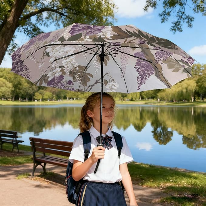 Windproof Travel Umbrella Wisteria Flower Floral Compact Auto Open/Close Folding Umbrellas for Rain