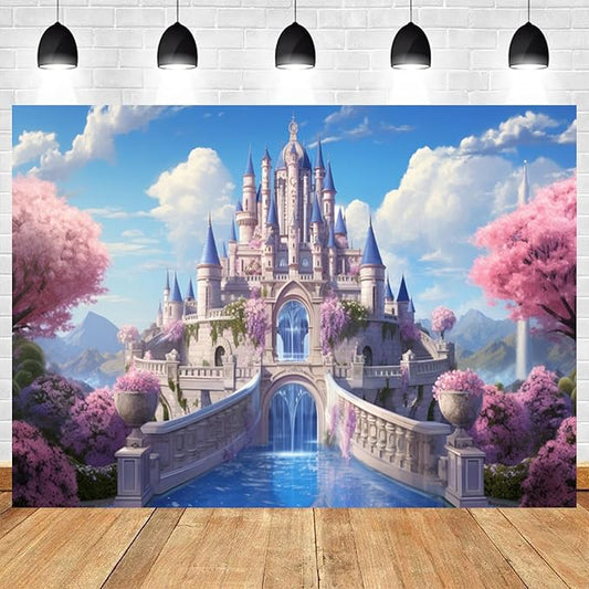 12x8ft Princess Castle Backdrop Pink Floral Blue Sky Photography Background White Cloud Forest Mountain Girls Birthday Baby Shower Banner Decorations Wedding Party Portrait Photo Booth Prop