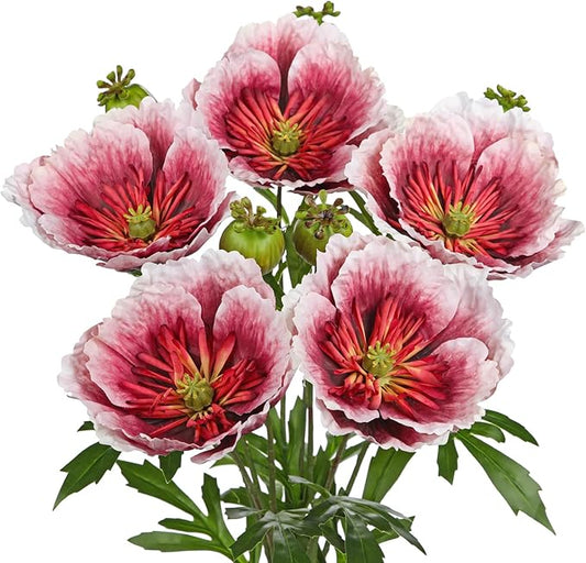 Hollyone 5Pcs Red Poppy Flowers Artificial Bouquet 32.2" Silk Fake Poppy Flowers Arrangement Real Touch Faux Poppies Flower Long Stem for DIY Wedding Party Table Centerpiece Table Home Decor