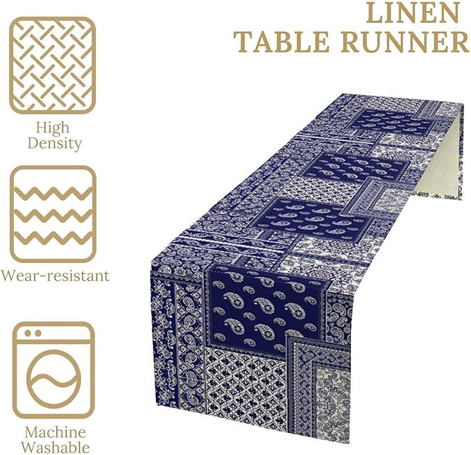Boho Patchwork Table Runner, Blue White Bohemian Paisley Floral Vintage Farmhouse Table Runner for Kitchen Dining Home Party Holiday, 13x90 Inch