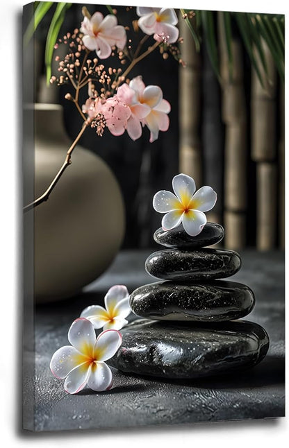 A harmonious black stone stack paired with white and pink flowers bamboo and ceramic vases creates a tranquil Zen decor for minimalist homes and mindful spaces 16x24in Wood Framed