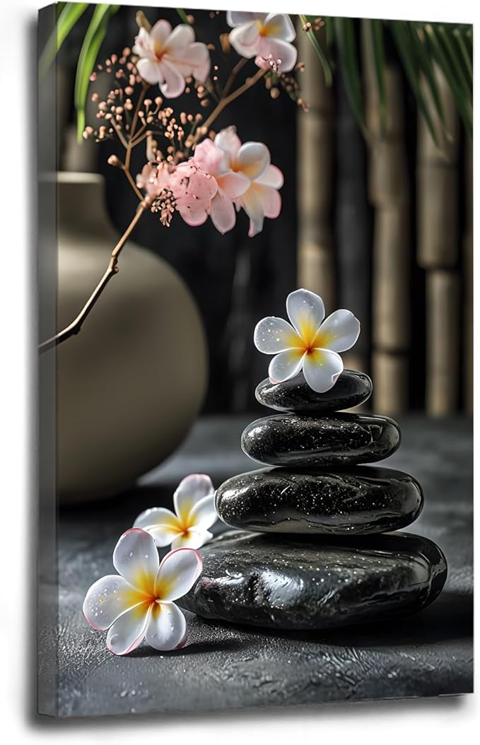 A harmonious black stone stack paired with white and pink flowers bamboo and ceramic vases creates a tranquil Zen decor for minimalist homes and mindful spaces 12x18in Wood Framed