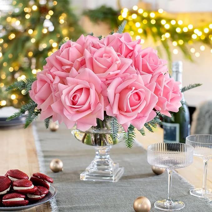 10pcs Real Touch Roses Stems Artificial Flowers, Pink Lifelike Full Bridal Bouquet for Flower Arrangement Spring Home Party Wedding Decoration
