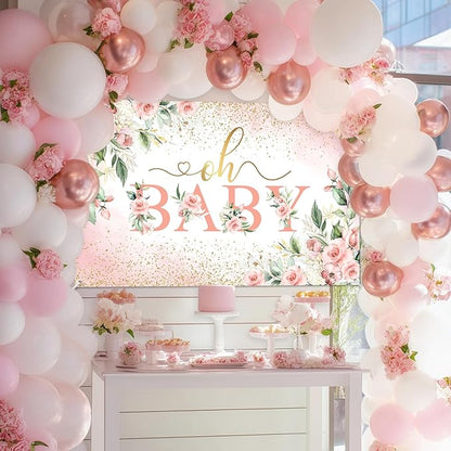 Mocsicka Oh Baby Backdrop Pink Floral Baby Shower Banner for Girls Party Decorations Photo Booth Props (Pink, 7x5ft)