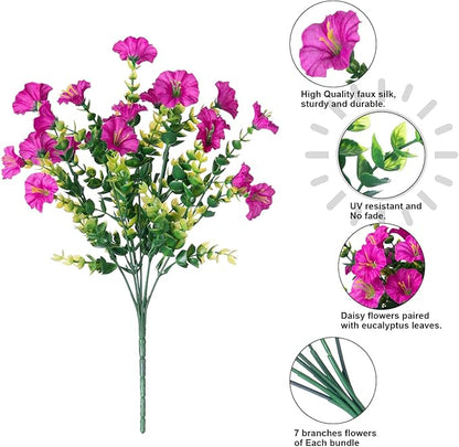 HyeFlora Artificial Flowers for Outdoors Fake Plants Outside Decoration, 12 Bundles Silk Colorful Morning Glory with Eucalyptus UV Resistant Realistic Faux Flowers for Planter Front Door Garden Yard