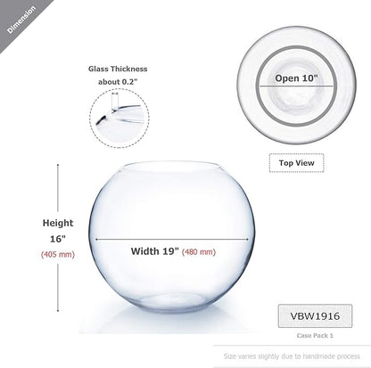 WGV Large Bowl Glass Vase, Diameter 19", Height 16", (Multiple Sizes Choices) Clear Huge Round Bubble Vase Jar, Floral Planter Terrarium for Wedding Event Home Decor, 1 Piece (VBW1916)