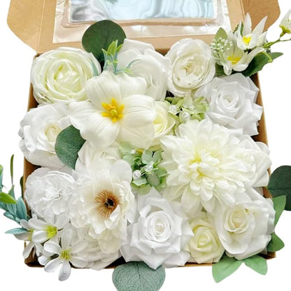 White Artificial Silk Flowers, Wedding Fake Flowers Bulk Box Set for DIY Bouquets, Cake Flowers Table Centerpieces Garland Wreaths Baby Shower Party