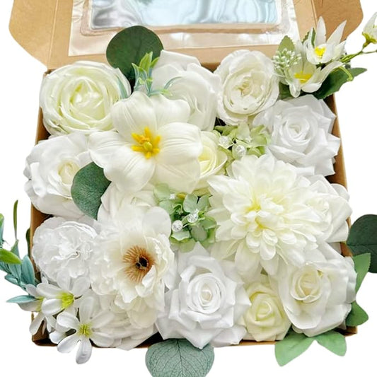 White Artificial Silk Flowers, Wedding Fake Flowers Bulk Box Set for DIY Bouquets, Cake Flowers Table Centerpieces Garland Wreaths Baby Shower Party