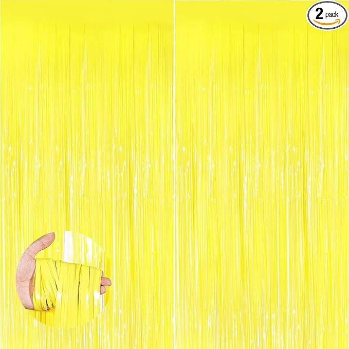 Keyali 2 Pack 3.3 * 8.3 ft Foil Curtain Metallic Tinsel Fringe Curtains Photo Booth Props Backdrop for Birthday Wedding Engagement Baby Shower Christmas Holiday Celebration Party，Macaron Yellow