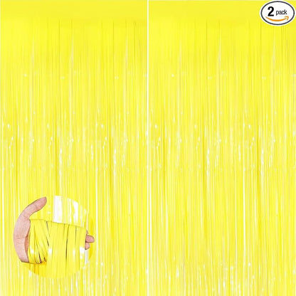 Keyali 2 Pack 3.3 * 8.3 ft Foil Curtain Metallic Tinsel Fringe Curtains Photo Booth Props Backdrop for Birthday Wedding Engagement Baby Shower Christmas Holiday Celebration Party，Macaron Yellow
