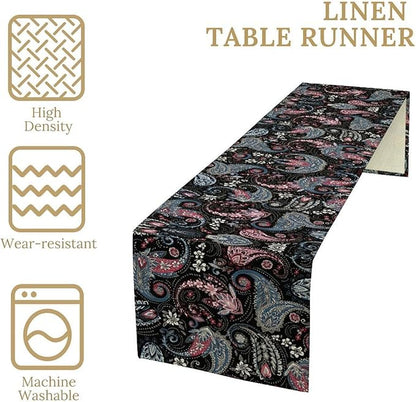 Bohemian Table Runner, Black Blue Pink Paisley Floral Boho Decor Table Runner for Kitchen Dining Home Party, 13x120 Inch