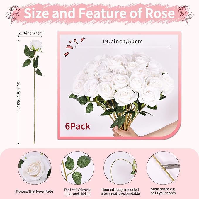 6 PCS White Roses Artificial Flowers, Fake White Roses Bouquet,White Artificial Silk Roses with Stems for Wedding Flowers Decoration, Valentines Day Mothers Day, Bridal Bouquet Roses