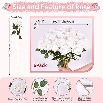 6 PCS White Roses Artificial Flowers, Fake White Roses Bouquet,White Artificial Silk Roses with Stems for Wedding Flowers Decoration, Valentines Day Mothers Day, Bridal Bouquet Roses