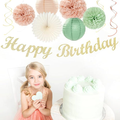Sage-Green Pink First Happy Birthday Party-Decorations - 22pcs 18th Women Girls Paper Lanterns Streamers Banner Pom Poms,Spring Boho Aesthetic Bohemian Pastel Neutral Decor Backdrop Supplies Hugmoon