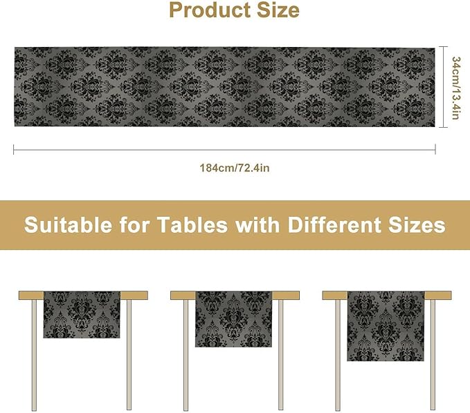 Black Damask Table Runner,Gothic Antique Victorian Floral Boho Table Runner for Home Kitchen Table Dining Garden Farmhouse Wedding Party Decor 13x90 Inch