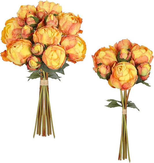 IPOPU Orange Flowers 2 Bouquets Faux Peonies Flowers Look Real 14PCS Artificial Peonies Silk Faux Flowers for Vase for Coffee Table Decor Wedding Decorations Burnt Orange Decor