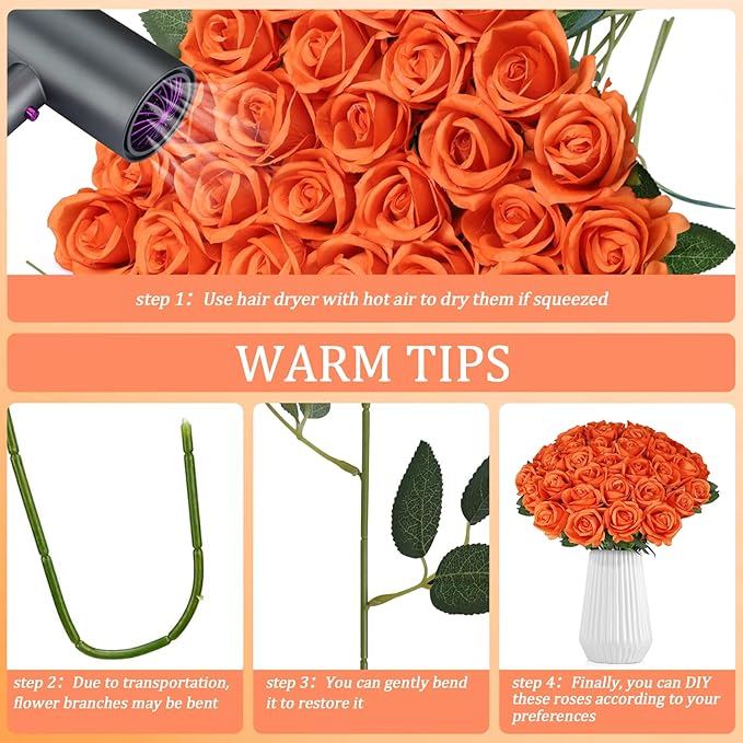 30pcs Fake Roses Artificial Silk Flowers Long Stems Bouquet for Wedding Bridal Shower Party Home Decoration (Orange)