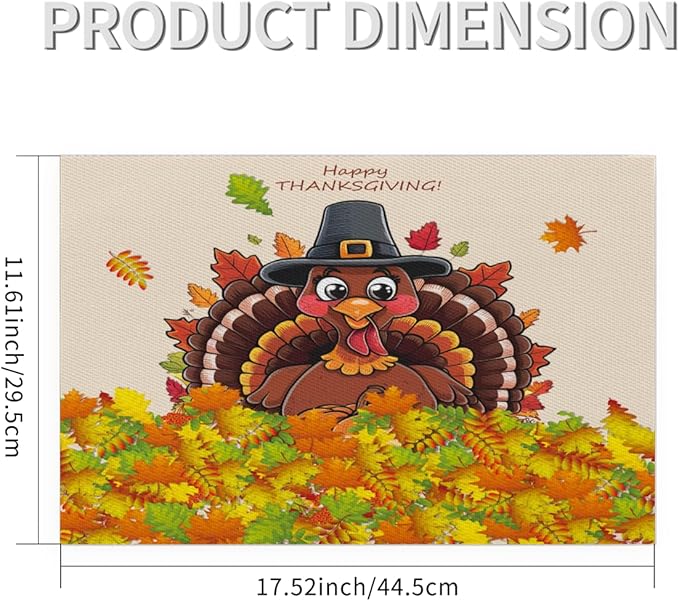 Thanksgiving Leaf Turkey Placemats Set of 4 PVC Vinyl Non Slip Table Mats Heat Resistant Place Mats Washable Wipeable Dining Table Mat for Kitchen Decor Party Indoor Outdoor Decorative Gift