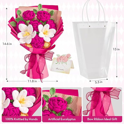 Alecono Crochet Flower Bouquet, Hot Pink Knitted Flowers, Crochet Tulip Rose Flower for Lover Anniversary Birthday Party Mother's Day Graduation Gifts (Include Card)