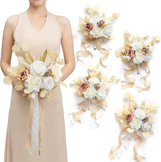 Ling's moment Artificial Flowers Boho Bridesmaid Bouquet Set of 4, White Beige Wedding Flowers Bouquets for Bridesmaids, 7 Inch Bridal Bouquets for Bridesmaids, Wedding, Ceremony, Anniversary, etc