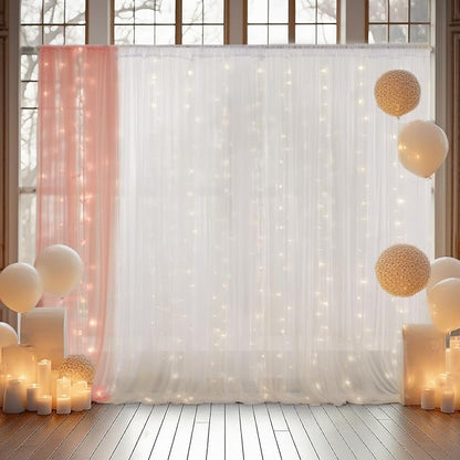 30x8ft White Tulle Backdrop Curtain with Lights String for Parites, Sheer Backdrop Curtains for Wedding Baby Shower Birthday Party Photo Shoot Decorations