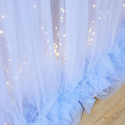10ft x 8ft Baby Blue Tulle Photo Backdrop Curtain with Lights String for Parties Wedding Sheer Blue Curtain Backdrop for Birthday Party Baby Shower Boy Photo Booth Photography Background Decorations