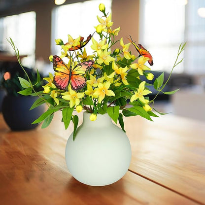 HOSY Artificial Freesia Bouquet in Ivory Ceramic Vase, Silk Flower and Butterfly Arrangements for Table Centerpiece Decoration (Freesia)