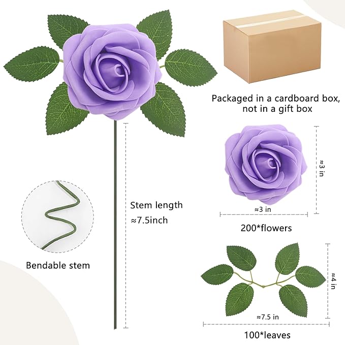 200PCS Purple Artificial Flowers Roses Real Looking Foam Fake Roses with Leaves for DIY Wedding Bouquets Bridal Shower Party Decorations (Purple, 200)