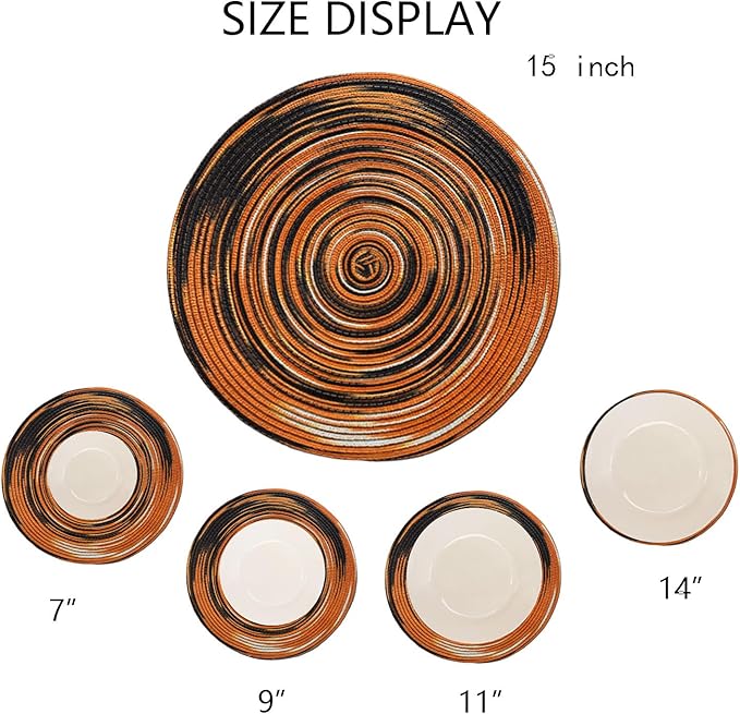 Youyi Better Lifes Halloween Round Braided Placemats Set of 6 Colorful Washable Durable Placemats Non-Slip 15 Inch Black-Orange Woven Table Mats for Dining Tables Holiday Party Decoration