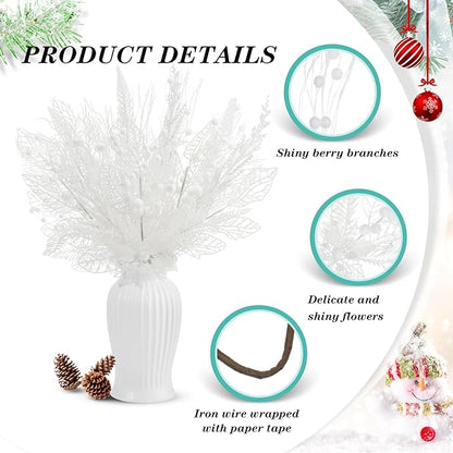 30 Pcs Artificial Christmas Tree Picks and Sprays Glitter Berry Stem Branches Holly Floral Picks Twigs Christmas Tree Ornaments for DIY Xmas Wreath Vase Filler Decorations(White)