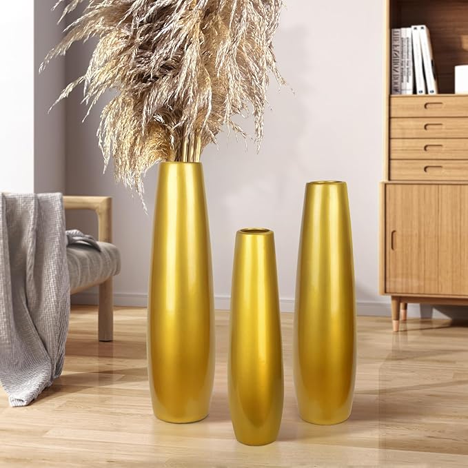 Gold Ceramic Tall Floor Vase,17.7 Inch Large Modern Flower Vases for Home Décor,Wicker Big Floor Vase Decorations for Farmhouse, Living Room,Bedroom,Standing Plastic Vase Decorative Tall