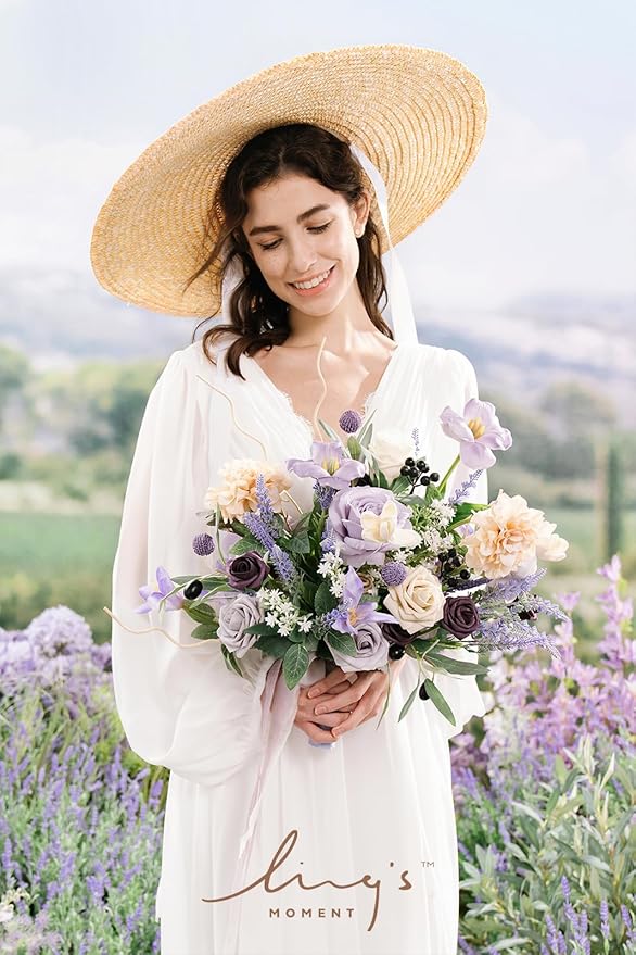 Ling's moment Purple Lavender Wedding Bouquets for Bride, Lilac Bridal Bouquets for Bride,15 Inch Free Form Artificial Wedding Flower Bouquet