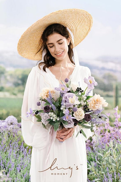 Ling's moment Purple Lavender Wedding Bouquets for Bride, Lilac Bridal Bouquets for Bride,15 Inch Free Form Artificial Wedding Flower Bouquet