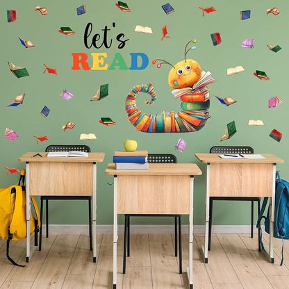 Colorful Book Caterpillar Wall Stickers, Let’s Read Classroom Vinyl Wall Decals, Removable School Reading DIY Wall Art for Kindergarten Preschool Library Decor