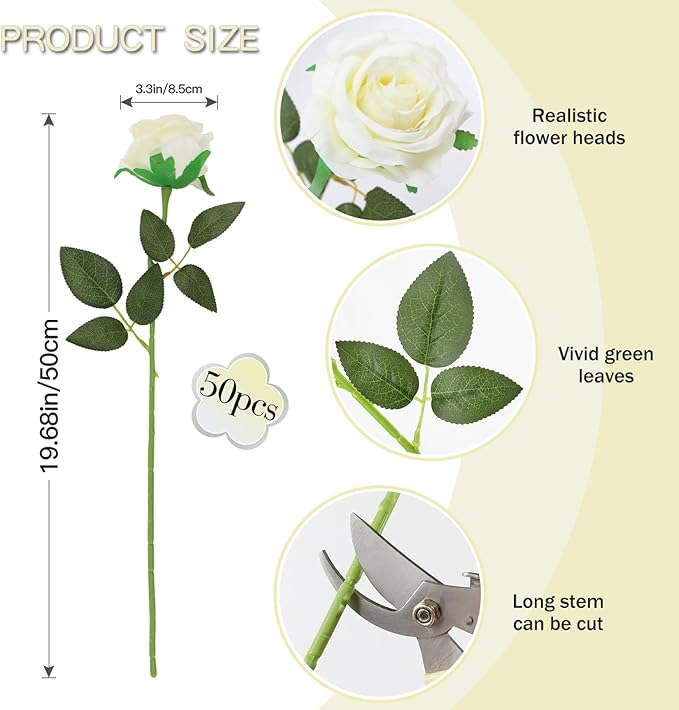 50PCS Artificial Silk Roses Flowers – Realistic Fake Roses in Bulk & Bouquet Long Stem White Rose for Wedding Centerpieces, Home Decor, Floral Arrangements, Party Decoration (White)