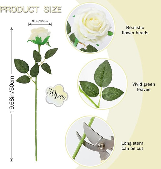 50PCS Artificial Silk Roses Flowers – Realistic Fake Roses in Bulk & Bouquet Long Stem White Rose for Wedding Centerpieces, Home Decor, Floral Arrangements, Party Decoration (White)