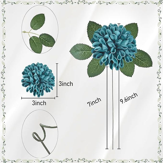 Artificial Flowers, 25pcs Realistic Artificial Rose for DIY Wedding Bouquets Centerpieces Arrangements, Terracotta and Dark Teal Dahlia Flowers with Stem for Party Home Decorations
