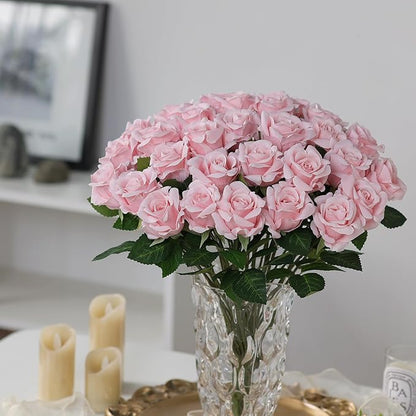 FOTEEWL 60 Pcs Artificial Rose Flower Realistic Faux Silk Roses Stem Fake Roses Bouquet for Flower Arrangement,Wedding Centerpieces,Party,Home Decorations (Pink)