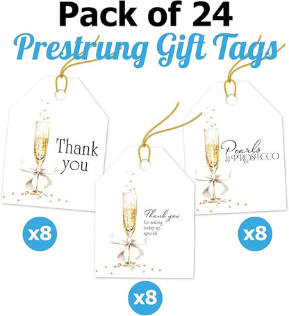 Pro Supply Global 24 Count of 2.5 Inch x 3 Inch Pre Strung Pearls and Prosecco Gift Tag Assorted Printed Designs on Large Cardstock Gift Hang Tags - Ideal to Use on Bags