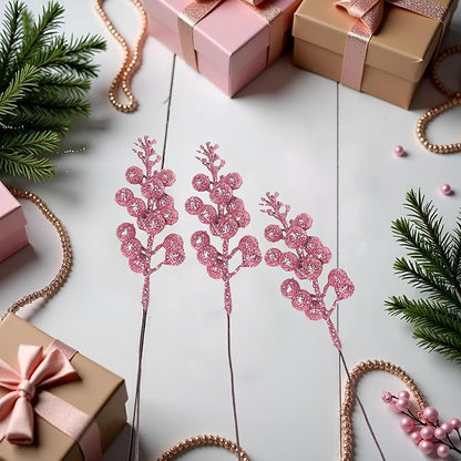 24 Pack Christmas Glitter Berries Stems Clearance, 8.66 Inch Artificial Berries Christmas Picks for Christma Tree Ornaments, DIY Xmas Wreath, Crafts, Holiday and Home Decor, Pink