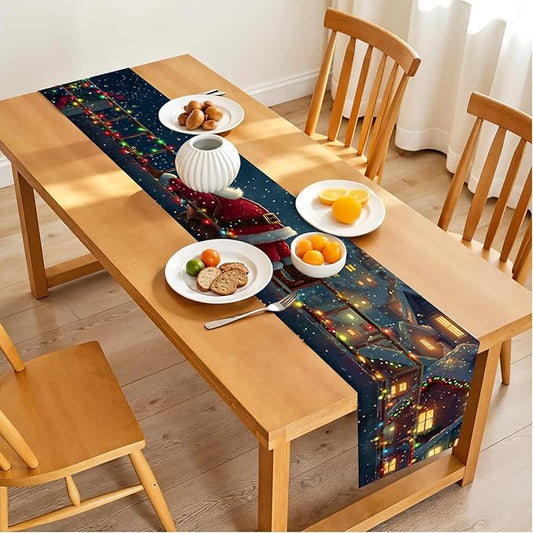 Christmas Table Runner– Festive Santa Claus Climbing Ladder Design with Holiday Lights & Snowy Village, Winter Table Decoration for Dining Table, Kitchen, Party & Home Décor