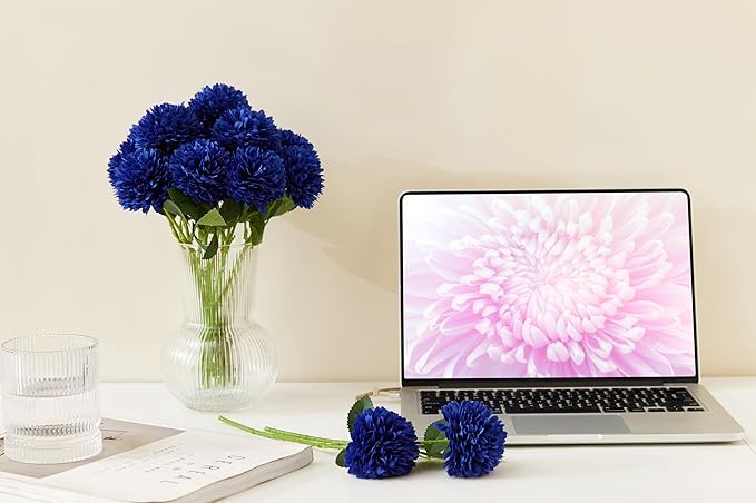 SITUMEIZI 12 Pcs Blue Artificial Chrysanthemums Flowers Ball Flower Fake Mums Silk for Wedding Home Kitchen Decoration Floral Arrangement