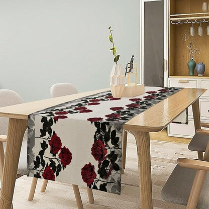 Red Rose Print Table Runner, Romantic Vintage Rose Summer Dark Flower Dinner Runner Table Decoration for Home Kitchen Dining Holiday Wedding Party 13x70in