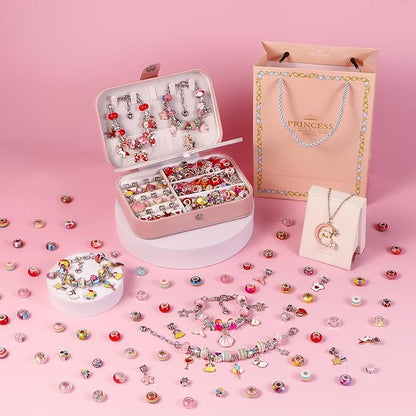YJK Charm Bracelet Making Kit, 5-12 Year Old Girl Birthday Gifts, 133 Pcs DIY Beaded Jewelry Making Kit with Jewelry Box, Creative Crafts for Girls, Charm Necklace Making kit for Girls (Red & Pink)