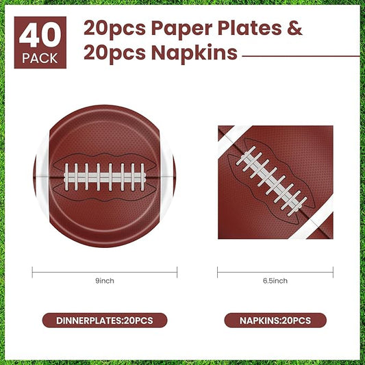 40 Pcs Football Plates and Napkins Party Supplies, 20 9" Disposable Paper Plates and Napkins, Modern Football Theme Tableware Set for Kids Birthday Party, Baby Shower, Serves 20